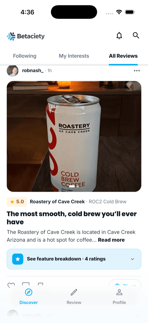 Betaciety Discover feed showing a 5-star cold brew review
