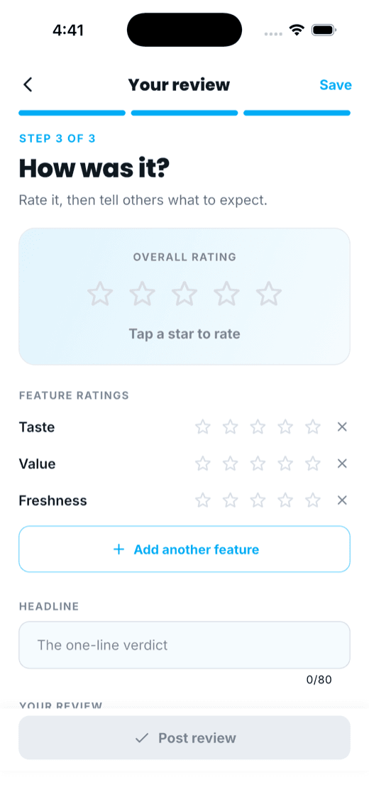 Writing a review with an overall rating and per-feature ratings