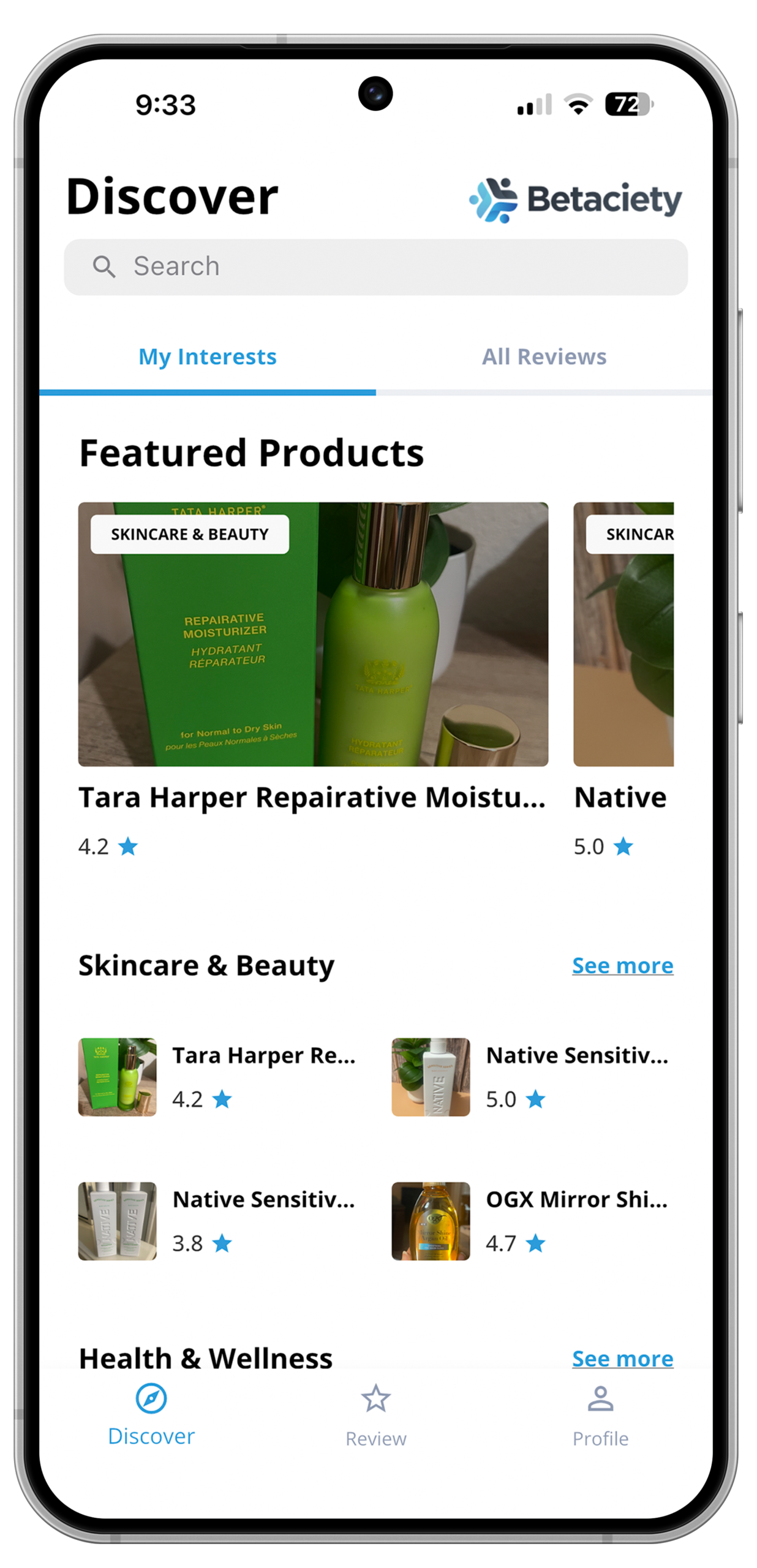 Betaciety Android app mockup